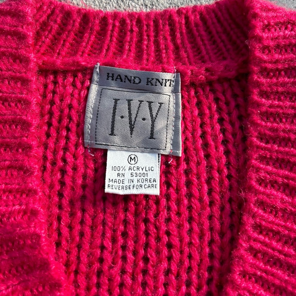Vintage 80s 90s Handknit Ivy V Neck Hot Pink Fuschia Preppy Chunky Sweater M - Picture 4 of 5